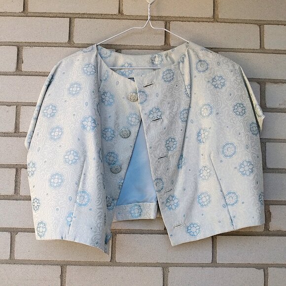 Vintage 60s Blue Silver Bolero Dress Jacket 42"B Rockabilly Shiny Brocade - Picture 7 of 13
